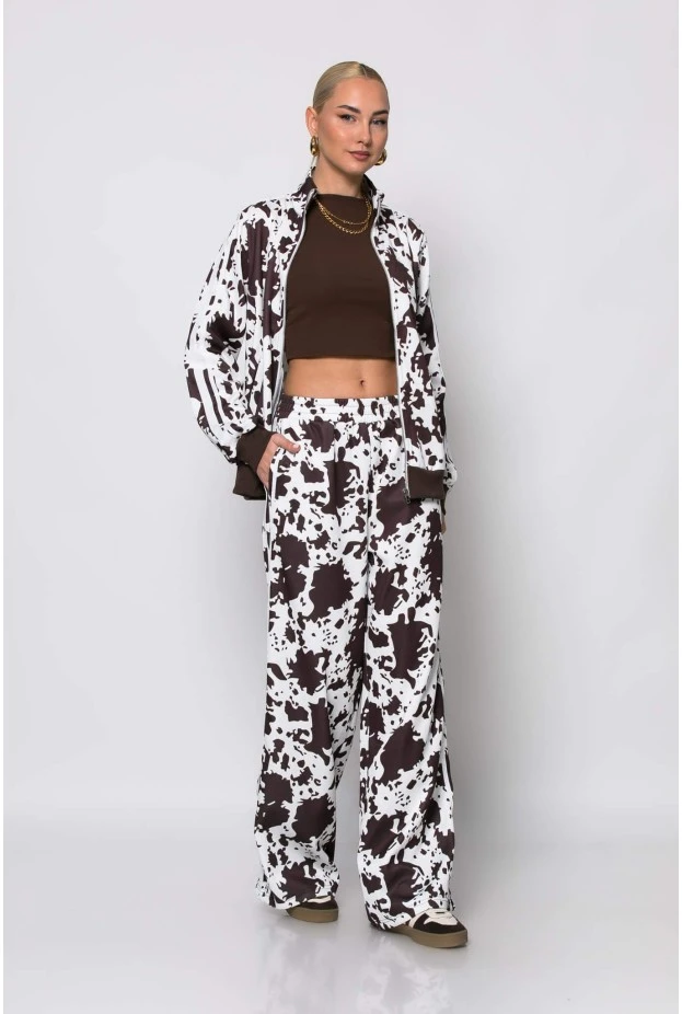 Σετ παντελόνα και ζακέτα cow print με ρίγες στο πλάι καφέ