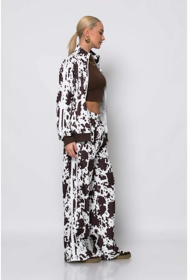 Σετ παντελόνα και ζακέτα cow print με ρίγες στο πλάι καφέ