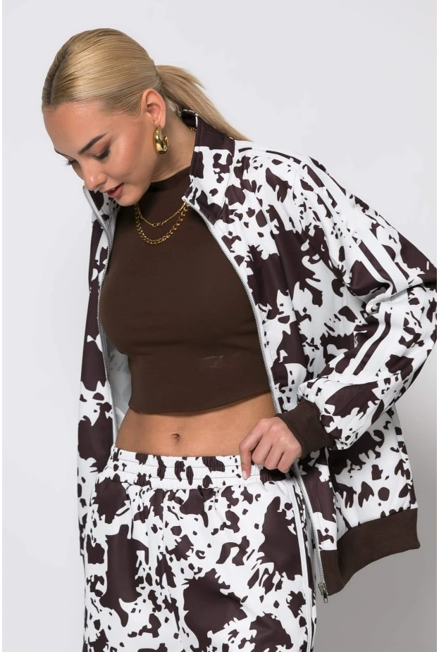 Σετ παντελόνα και ζακέτα cow print με ρίγες στο πλάι καφέ