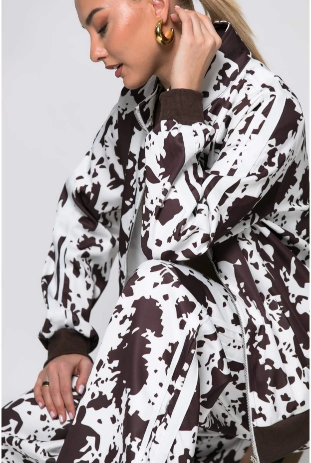 Σετ παντελόνα και ζακέτα cow print με ρίγες στο πλάι καφέ
