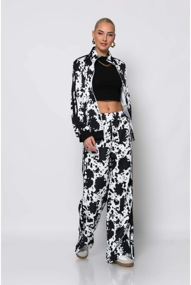 Σετ παντελόνα και ζακέτα cow print με ρίγες στο πλάι μαύρο