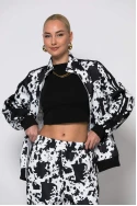 Σετ παντελόνα και ζακέτα cow print με ρίγες στο πλάι μαύρο