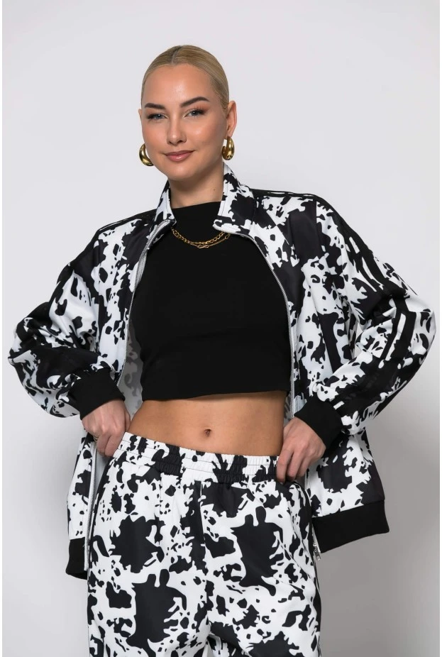 Σετ παντελόνα και ζακέτα cow print με ρίγες στο πλάι μαύρο