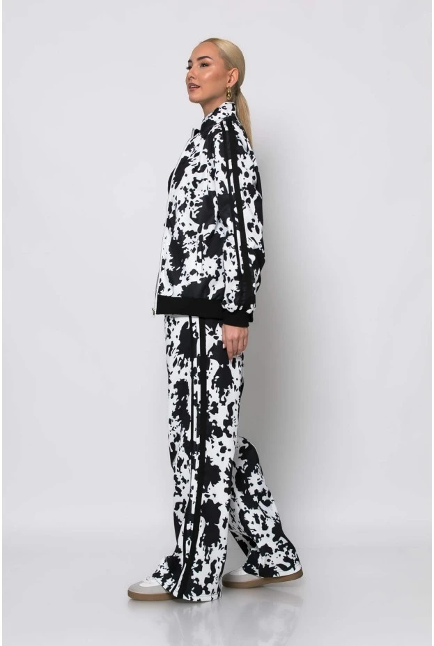 Σετ παντελόνα και ζακέτα cow print με ρίγες στο πλάι μαύρο