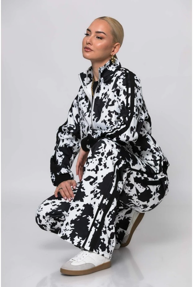 Σετ παντελόνα και ζακέτα cow print με ρίγες στο πλάι μαύρο