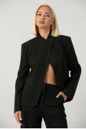 Σετ παντελόνι και blazer ασύμμετρο με μάο γιακά και κουμπί μαύρο