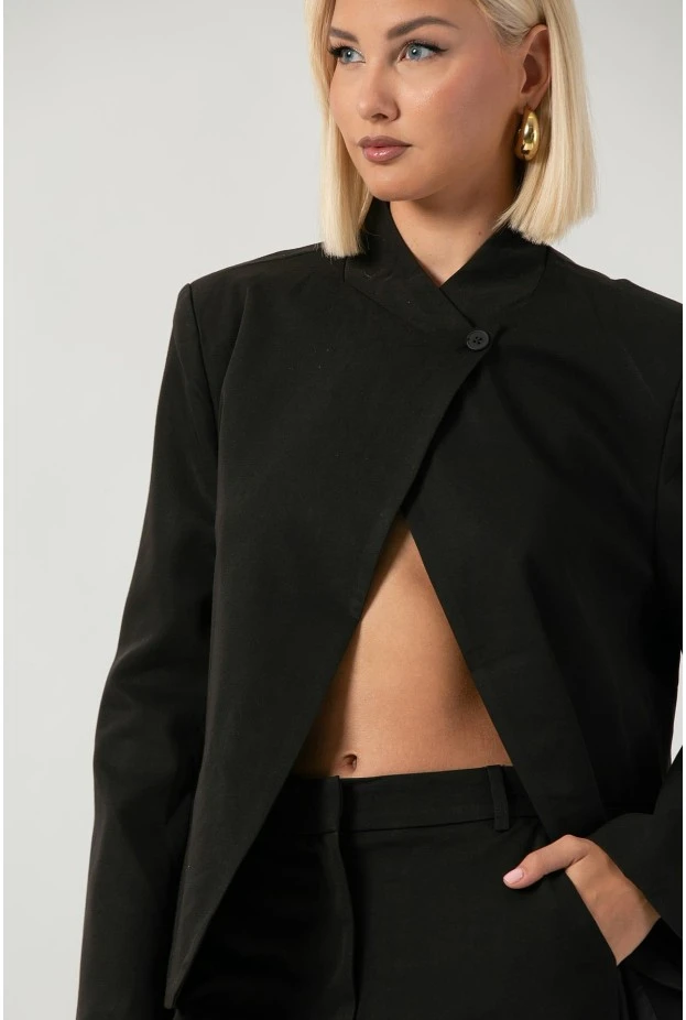 Σετ παντελόνι και blazer ασύμμετρο με μάο γιακά και κουμπί μαύρο