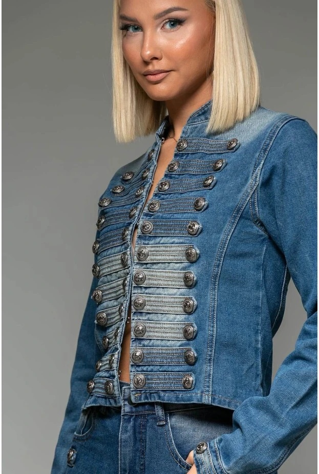 Σετ jean jacket military και jean straight leg μπλε