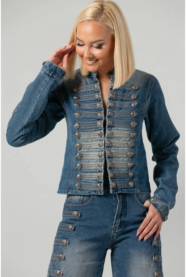 Σετ jean jacket military και jean straight leg μπλε
