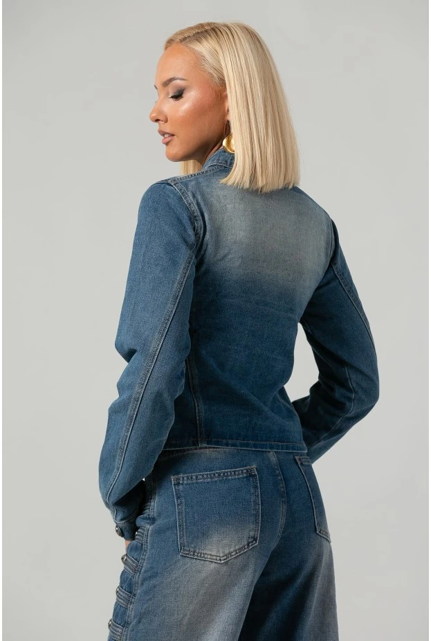 Σετ jean jacket military και jean straight leg μπλε