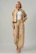 Σετ jean jacket animal print και παντελόνι με δέσιμο και τσέπες μπεζ