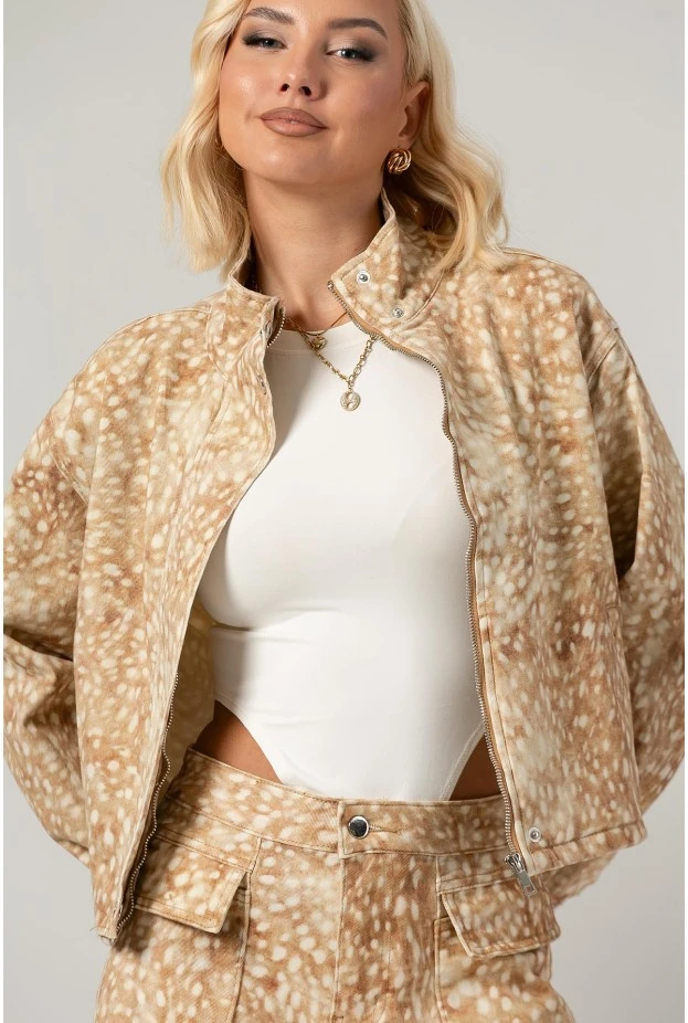 Σετ jean jacket animal print και παντελόνι με δέσιμο και τσέπες μπεζ