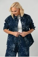 Σετ jean jacket και jean wide leg με κεντητά λουλούδια μπλε σκούρο