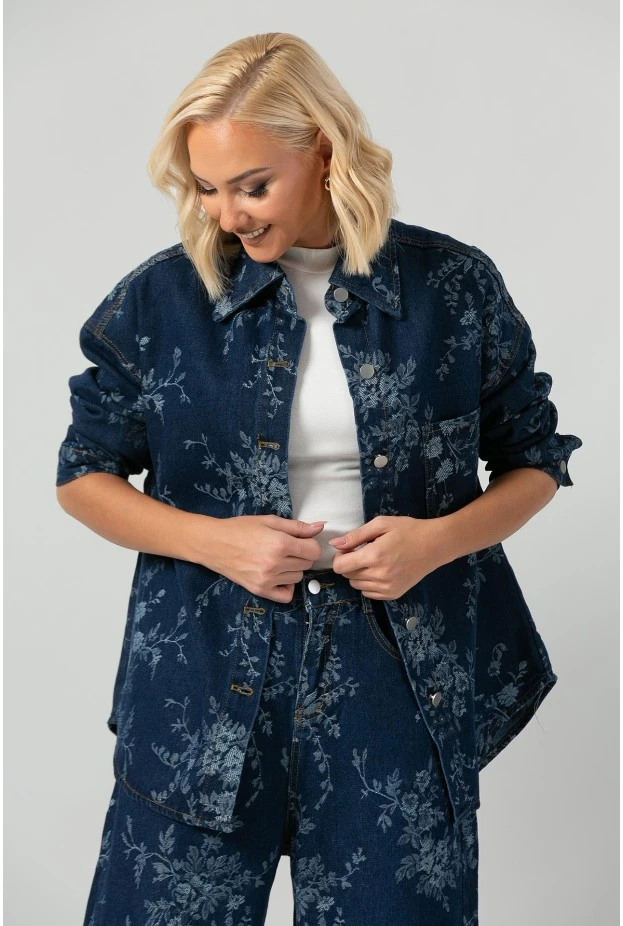 Σετ jean jacket και jean wide leg με κεντητά λουλούδια μπλε σκούρο
