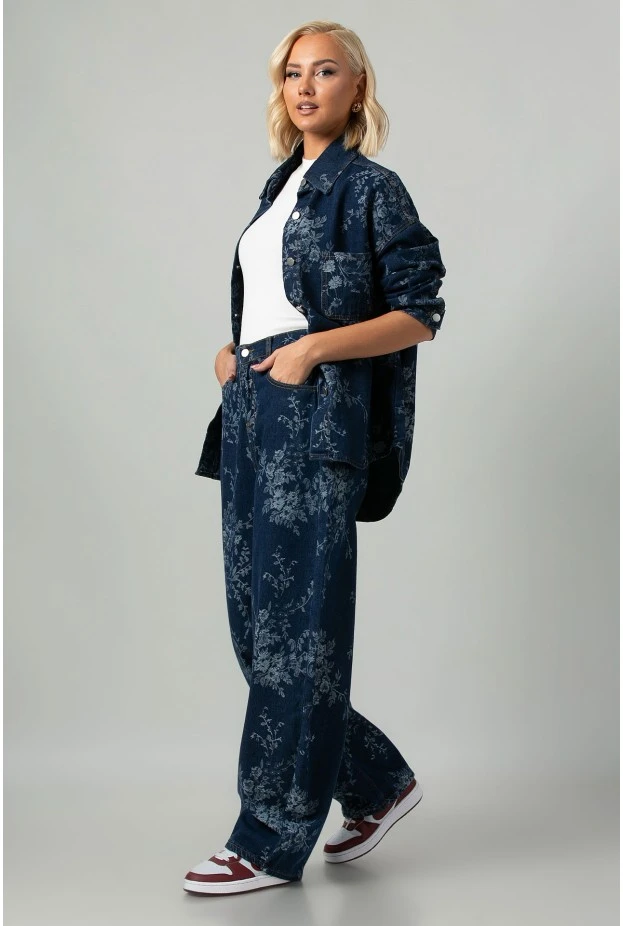 Σετ jean jacket και jean wide leg με κεντητά λουλούδια μπλε σκούρο