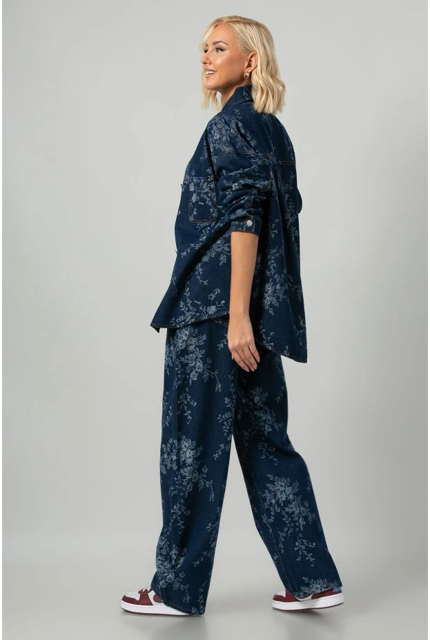 Σετ jean jacket και jean wide leg με κεντητά λουλούδια μπλε σκούρο