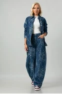 Σετ jean jacket και jean wide leg με κεντητά λουλούδια μπλε