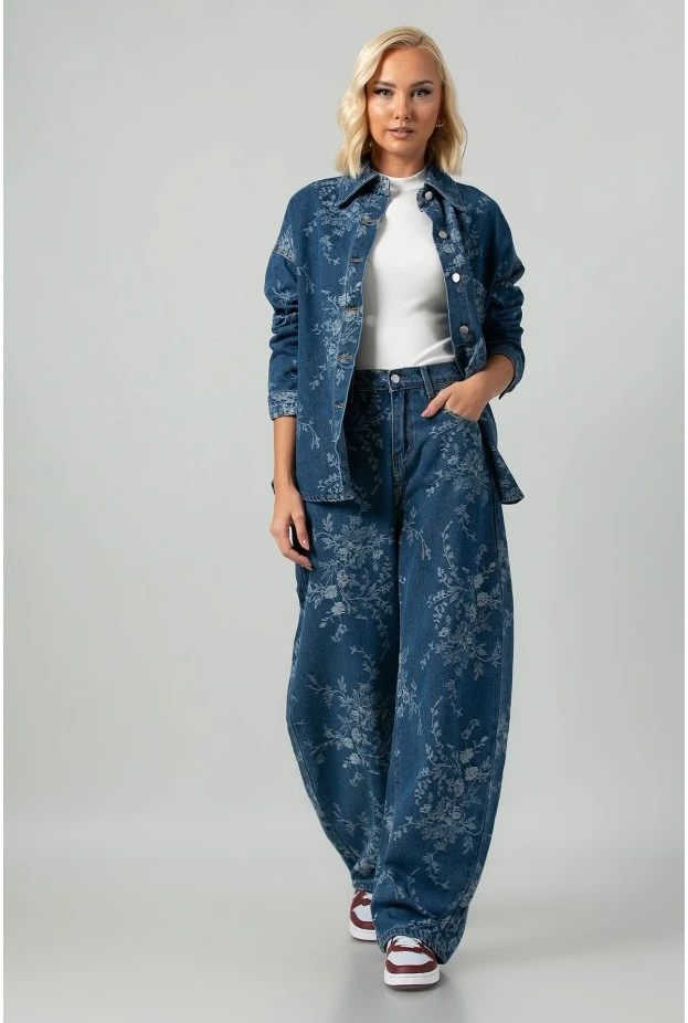 Σετ jean jacket και jean wide leg με κεντητά λουλούδια μπλε