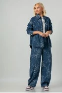 Σετ jean jacket και jean wide leg με κεντητά λουλούδια μπλε