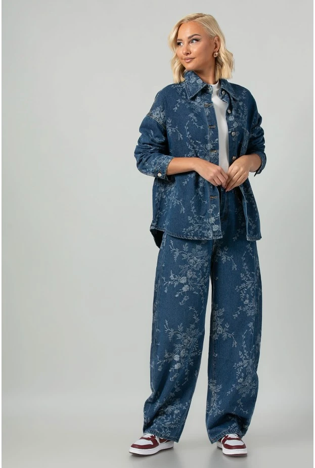 Σετ jean jacket και jean wide leg με κεντητά λουλούδια μπλε