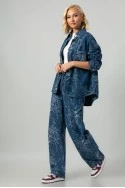 Σετ jean jacket και jean wide leg με κεντητά λουλούδια μπλε
