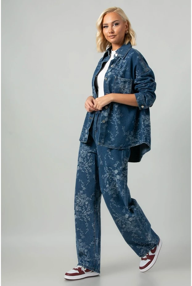 Σετ jean jacket και jean wide leg με κεντητά λουλούδια μπλε