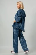 Σετ jean jacket και jean wide leg με κεντητά λουλούδια μπλε