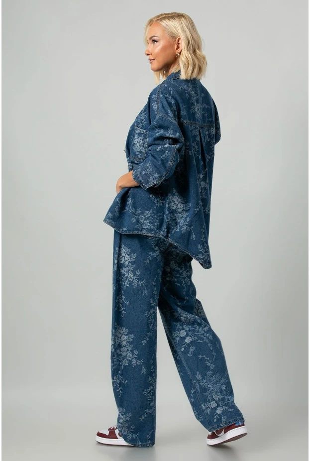 Σετ jean jacket και jean wide leg με κεντητά λουλούδια μπλε