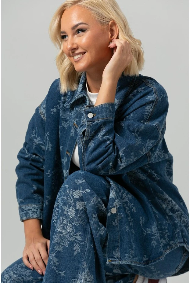 Σετ jean jacket και jean wide leg με κεντητά λουλούδια μπλε