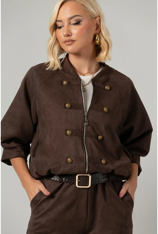 Σετ jacket bomber σουέντ με τρουακάρ μανίκια και παντελόνι με ζώνη καφέ