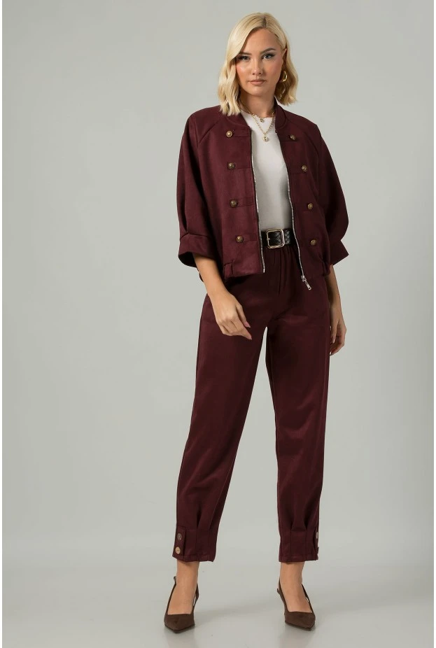 Σετ jacket bomber σουέντ με τρουακάρ μανίκια και παντελόνι με ζώνη μπορντό