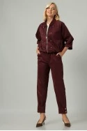 Σετ jacket bomber σουέντ με τρουακάρ μανίκια και παντελόνι με ζώνη μπορντό