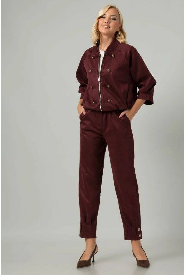 Σετ jacket bomber σουέντ με τρουακάρ μανίκια και παντελόνι με ζώνη μπορντό