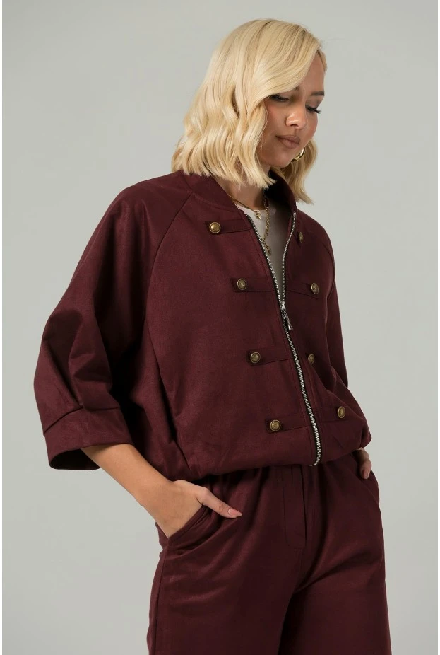 Σετ jacket bomber σουέντ με τρουακάρ μανίκια και παντελόνι με ζώνη μπορντό