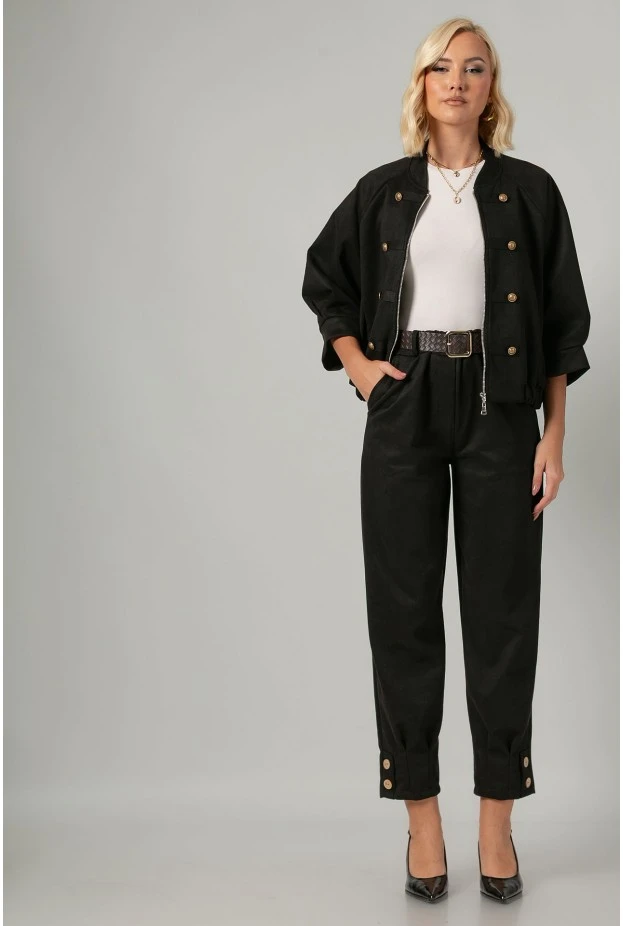 Σετ jacket bomber σουέντ με τρουακάρ μανίκια και παντελόνι με ζώνη μαύρο