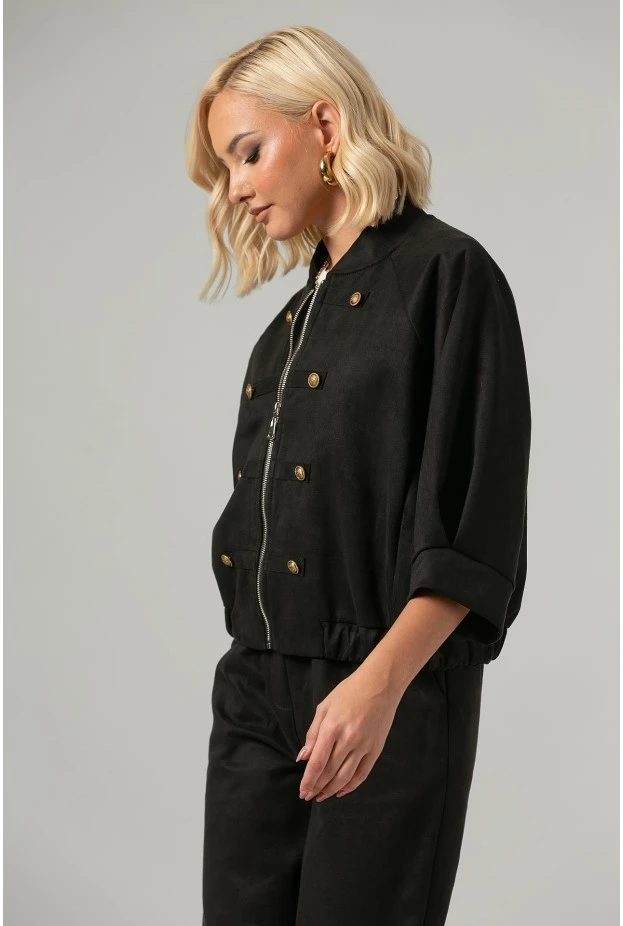 Σετ jacket bomber σουέντ με τρουακάρ μανίκια και παντελόνι με ζώνη μαύρο