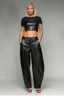 Σετ leather καπιτονέ crop top με φερμουάρ και παντελόνι balloon μαύρο