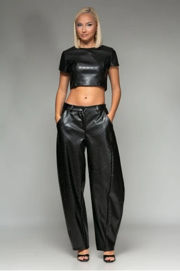 Σετ leather καπιτονέ crop top με φερμουάρ και παντελόνι balloon καφέ