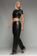 Σετ leather καπιτονέ crop top με φερμουάρ και παντελόνι balloon μαύρο
