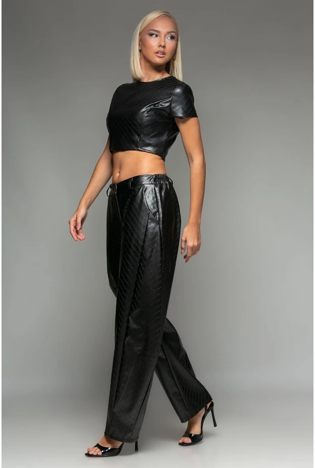 Σετ leather καπιτονέ crop top με φερμουάρ και παντελόνι balloon μαύρο