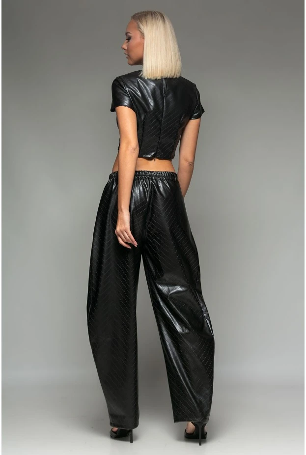 Σετ leather καπιτονέ crop top με φερμουάρ και παντελόνι balloon μαύρο