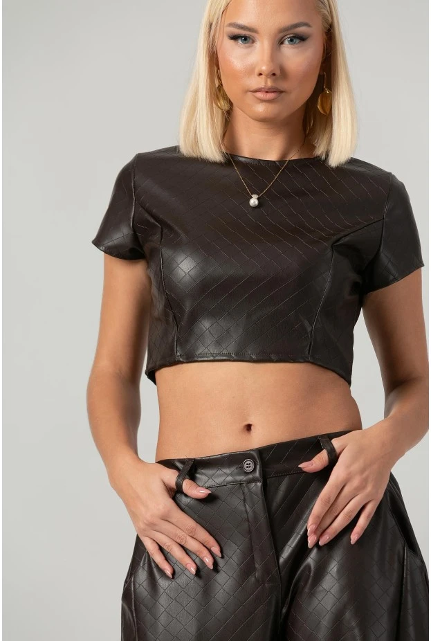 Σετ leather καπιτονέ crop top με φερμουάρ και παντελόνι balloon καφέ