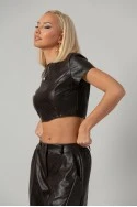 Σετ leather καπιτονέ crop top με φερμουάρ και παντελόνι balloon καφέ
