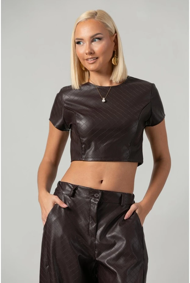 Σετ leather καπιτονέ crop top με φερμουάρ και παντελόνι balloon μπορντό