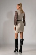 Φόρεμα lurex με μανίκια απο λεοπάρ παγιέτα μπεζ ανοιχτό