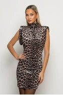 Μίνι φόρεμα leopard print βελούρ με ψηλό λαιμό και βάτες μπεζ ανοιχτό Μίνι φόρεμα leopard print βελούρ με ψηλό λαιμό και βάτες μπεζ ανοιχτό