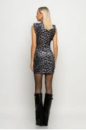 Μίνι φόρεμα leopard print βελούρ με ψηλό λαιμό και βάτες γκρι Μίνι φόρεμα leopard print βελούρ με ψηλό λαιμό και βάτες γκρι