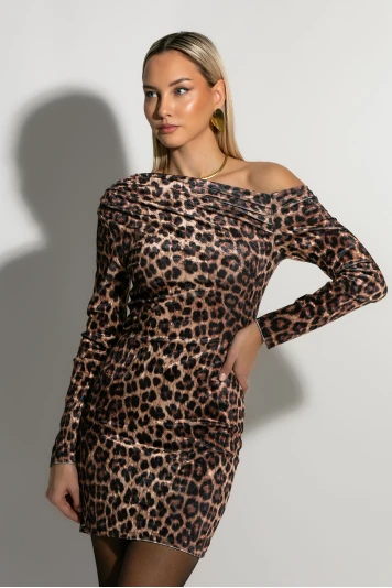 Μίνι φόρεμα leopard print βελούρ με λοξή λαιμόκοψη γκρι