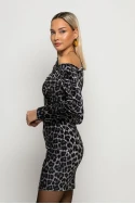 Μίνι φόρεμα leopard print βελούρ με λοξή λαιμόκοψη γκρι Μίνι φόρεμα leopard print βελούρ με λοξή λαιμόκοψη γκρι