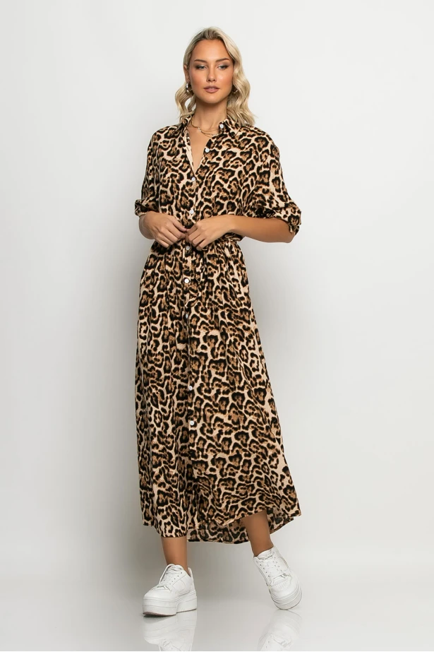 Dress semizie leopard print μπεζ ανοιχτό Dress semizie leopard print μπεζ ανοιχτό